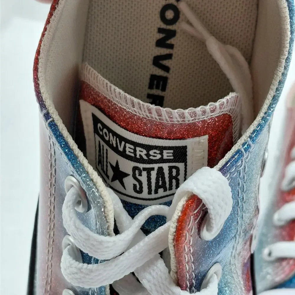 Converse All Star Girls Sneakers Size 1 Red Blue Glitter Low Top Back to School
